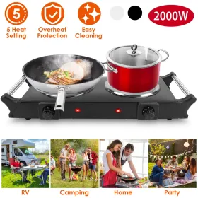 2000W Electric Dual Burner Portable Coil Heating Hot Plate Stove Countertop RV Hotplate with 5 Temperature Adjustments Portable Handles (Option: Double-Black)