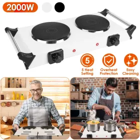 2000W Electric Dual Burner Portable Coil Heating Hot Plate Stove Countertop RV Hotplate with 5 Temperature Adjustments Portable Handles (Option: DualBurner-Silver)