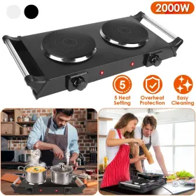 2000W Electric Dual Burner Portable Coil Heating Hot Plate Stove Countertop RV Hotplate with 5 Temperature Adjustments Portable Handles (Option: DualBurner-Black)